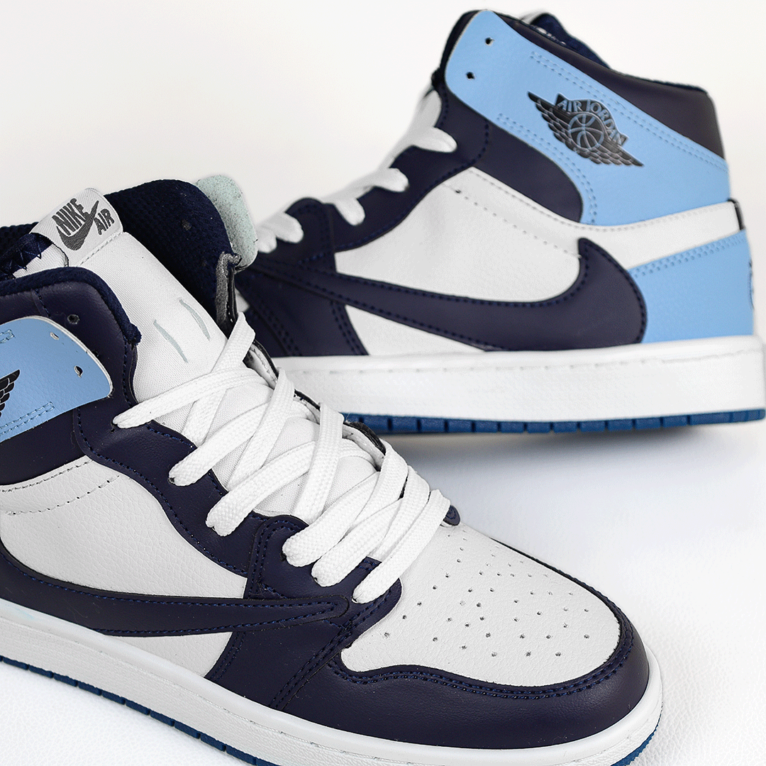  کتونی عمده نایکی Nike مدل جردن تراویس اسکات ساقدار Jordan مردانه و زنانه سورمه‌ای آبی کد 804 گروه تولید صفری 