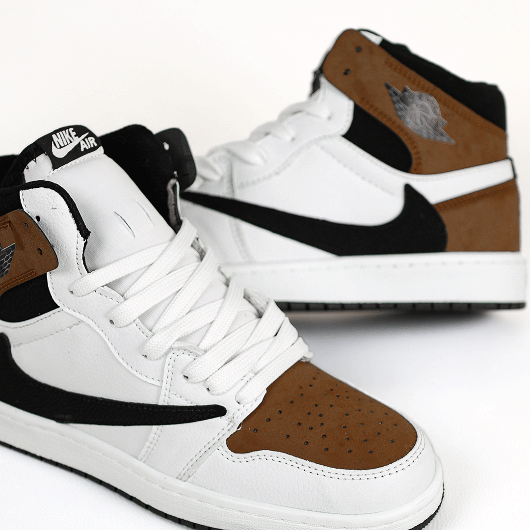  کتونی عمده نایکی Nike مدل جردن تراویس اسکات ساقدار Jordan مردانه و زنانه سفید قهوه‌ای کد 805 گروه تولید صفری 